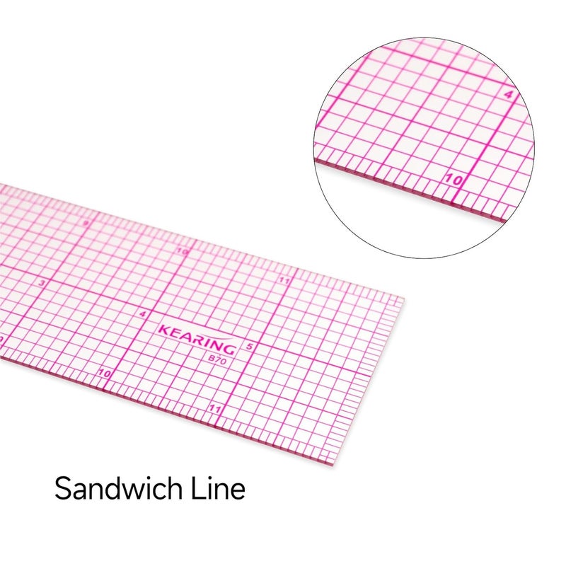 KEARING Clear Sewing Graph Ruler Fashion Design Ruler, Sandwich Line, 2 x 12, Transparent Pattern Making Dress Making Ruler for Sewing Quilting - Image 3